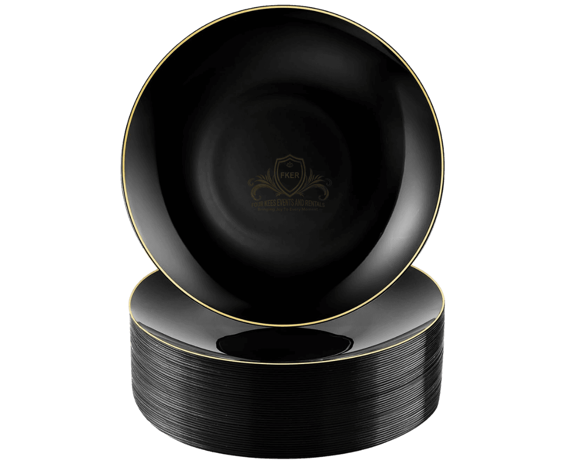 Black Gold Rimmed Plastic Plates from Four Kees Events and Rentals inventory