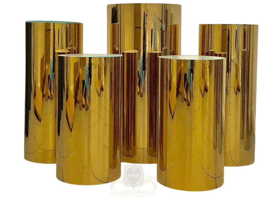 Gold Display Pedestals from Four Kees Events and Rentals inventory