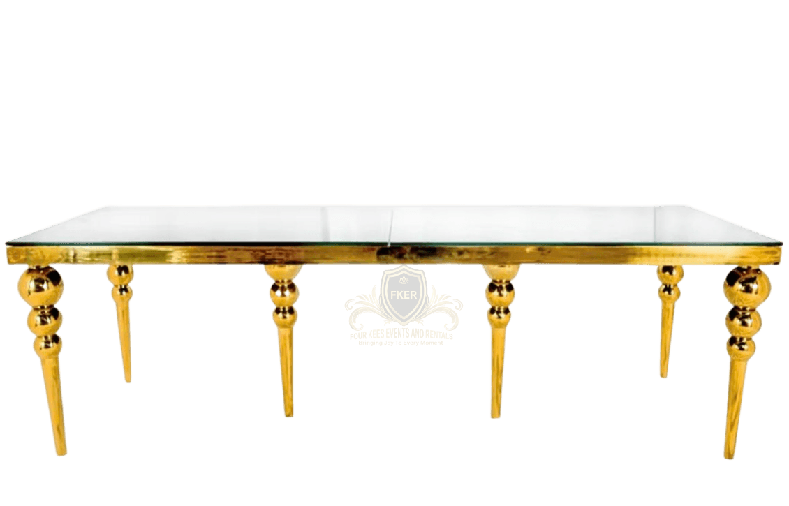 Gold Glass Table from Four Kees Events and Rentals inventory