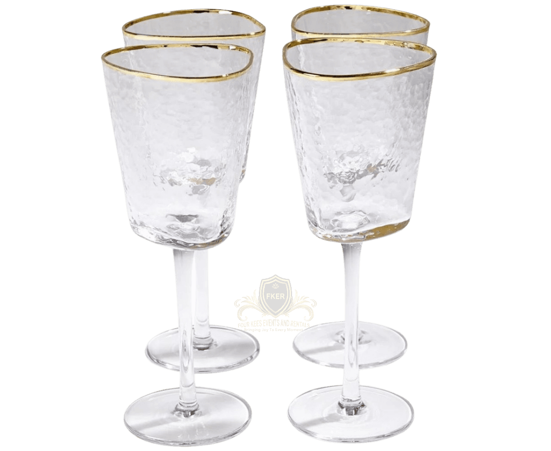 Gold Rim Hammered Wine Glass from Four Kees Events and Rentals inventory