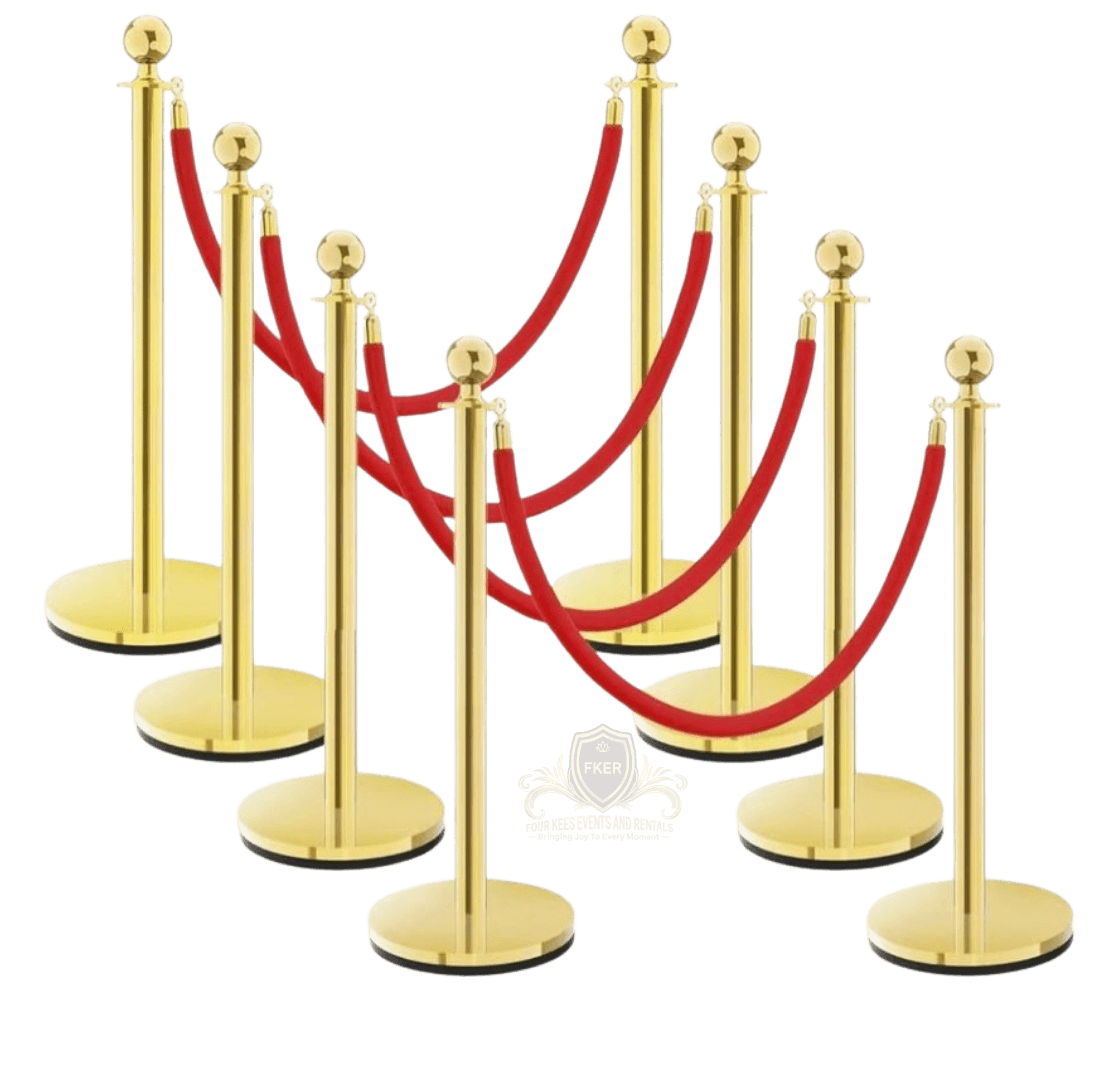Gold Stanchion Posts from Four Kees Events and Rentals inventory