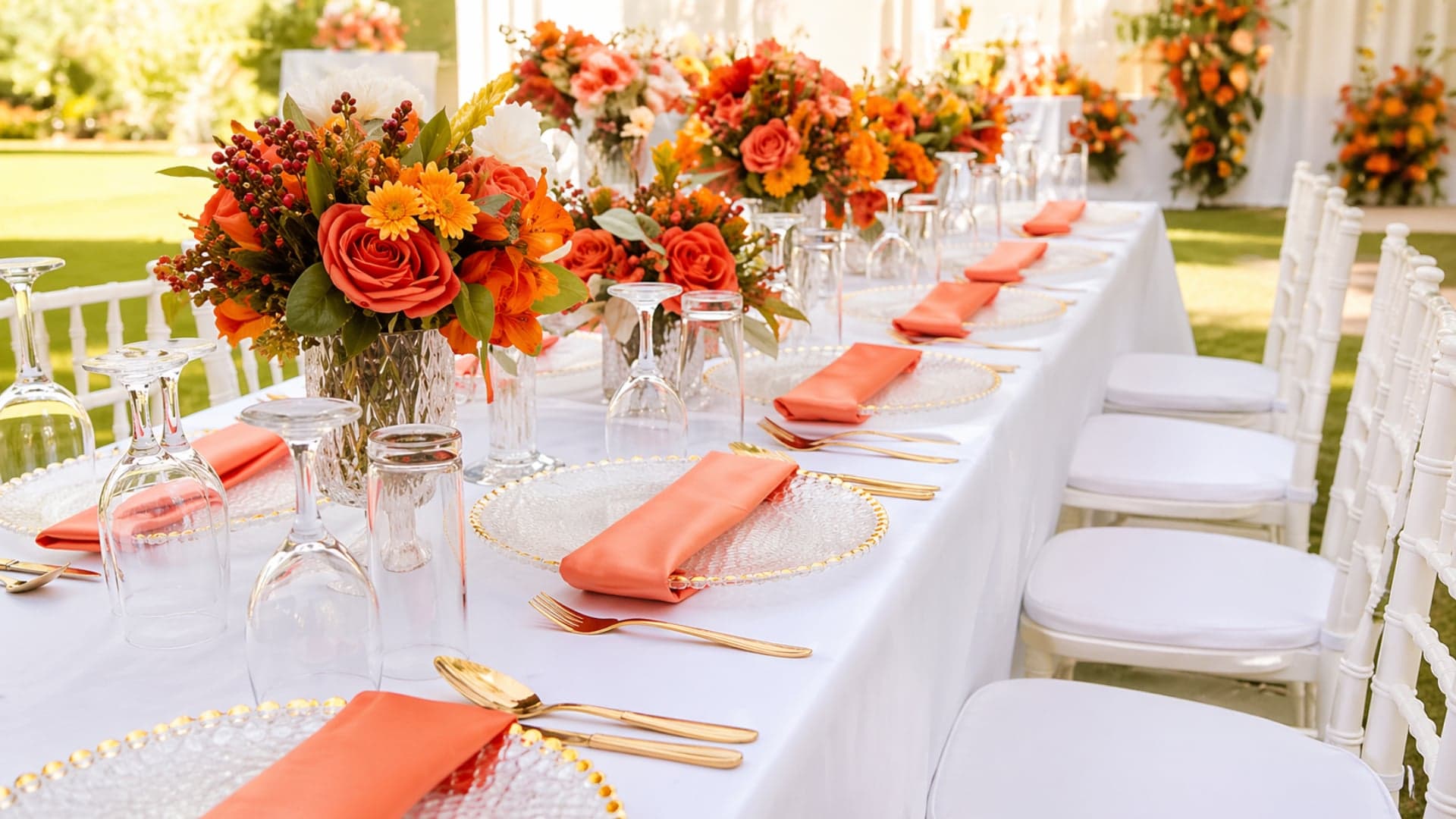 Elegant outdoor reception tablescape with coral napkins, gold flatware and floral centerpieces by Four Kees