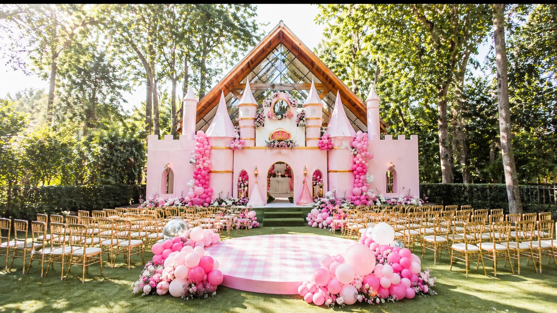 Princess castle birthday party setup with pink balloon garlands and gold chiavari chairs by Four Kees